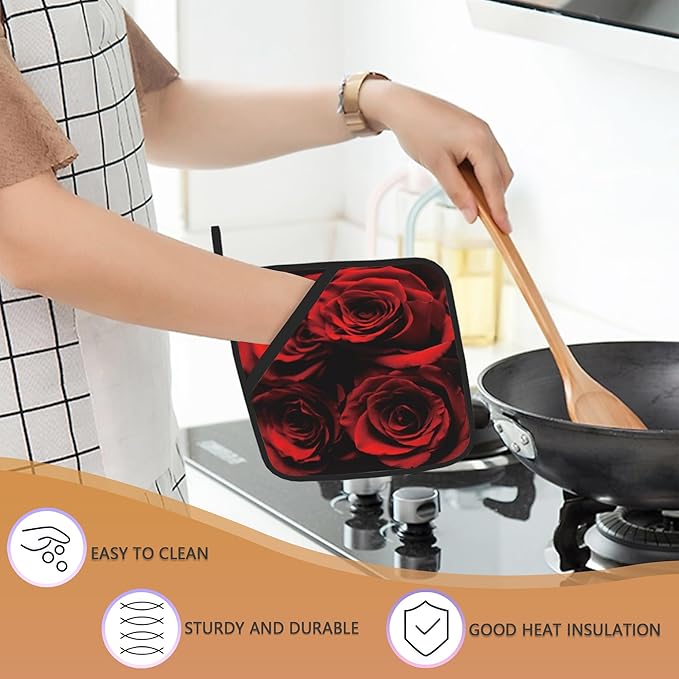 2PCS Rose Pot Holder with Loop,Abstract Red Black Rose Heat Resistant Oven Pads, Hot Pat for Kitchen Cooking Baking Food