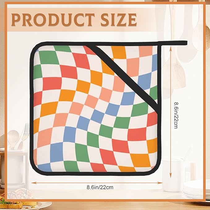 2 Pack Colorful Checkered Pot Holders for Kitchen Heat Resistant, Abstract Retro Wavy Potholders for Kitchens Washable for Cooking & Baking & Microwave