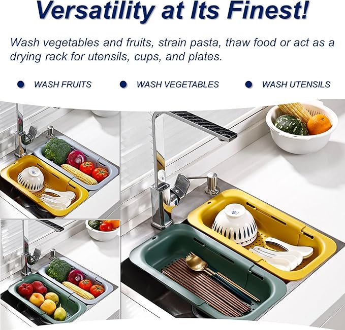 Extendable Sink Colander Strainer Basket - Wash Vegetables and Fruits, Drain Cooked Pasta and Dry Dishes - Adjustable Over the Sink Colander Collapsible Drainer Basket - Green