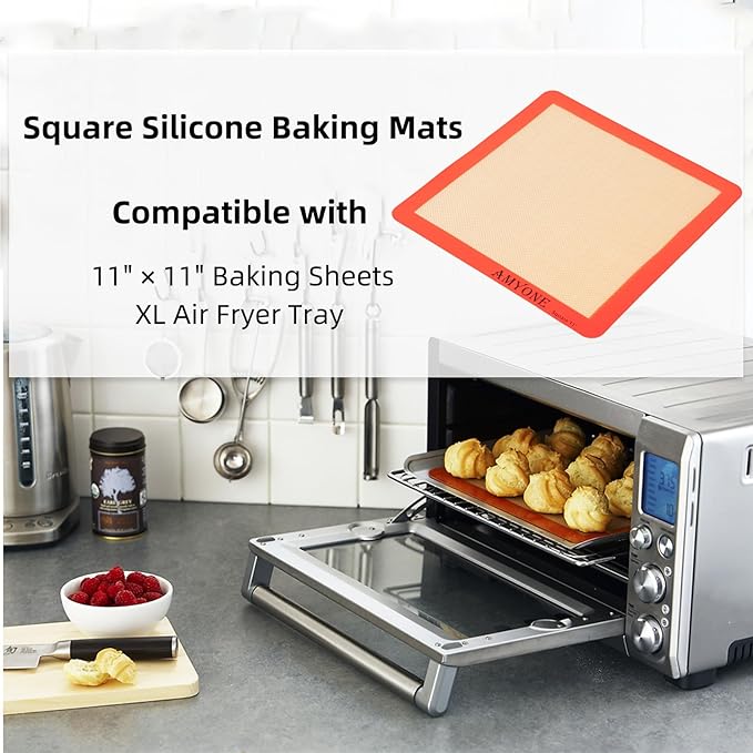 AMYONE Square Silicone Baking Mats for 11 Inch Cake Pan/11x11 Cheesecake Pan/Toaster Oven/XL Air Fryer, Food Grade Silicone Baking Sheet Liners for Cookie/Cake/Pastry/Torte, Non-Stick, Reusable 2 PCS