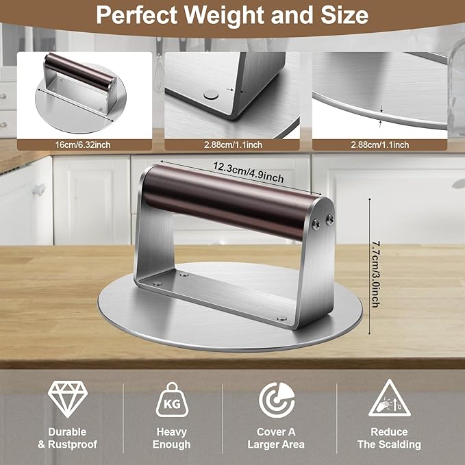 Stainless Steel Burger Press, 6.3" NonStick Hamburger Smasher Tool & Grill Press, 1.32lbs Grill Press with Wood Handle for Blackstone Camp Chef Pitboss Weber Griddle Grills(Round)