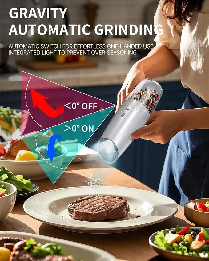CIRCLE JOY 2-Speed Gravity Electric Pepper Grinder, Rechargeable Salt Grinder Pepper Mills, Adjustable Coarseness, White LED Light, 135ML Large Capacity, Silver