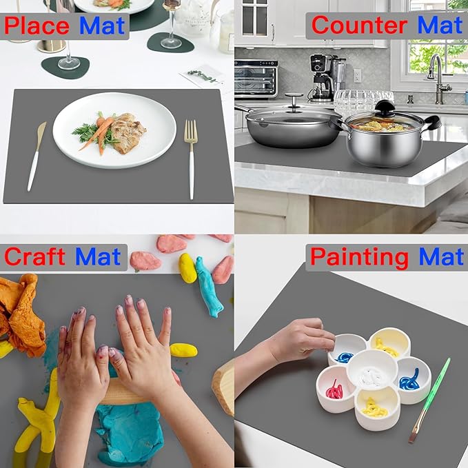 2MM Extra Thick Silicone Mats for Kitchen Counter, 23.6" x15.7" Non-Slip Waterproof Large Countertop Protector Mat, Heat Resistant Mat, Washable Silicone Craft Mat, Placemat, Baking Mat, Light Gray