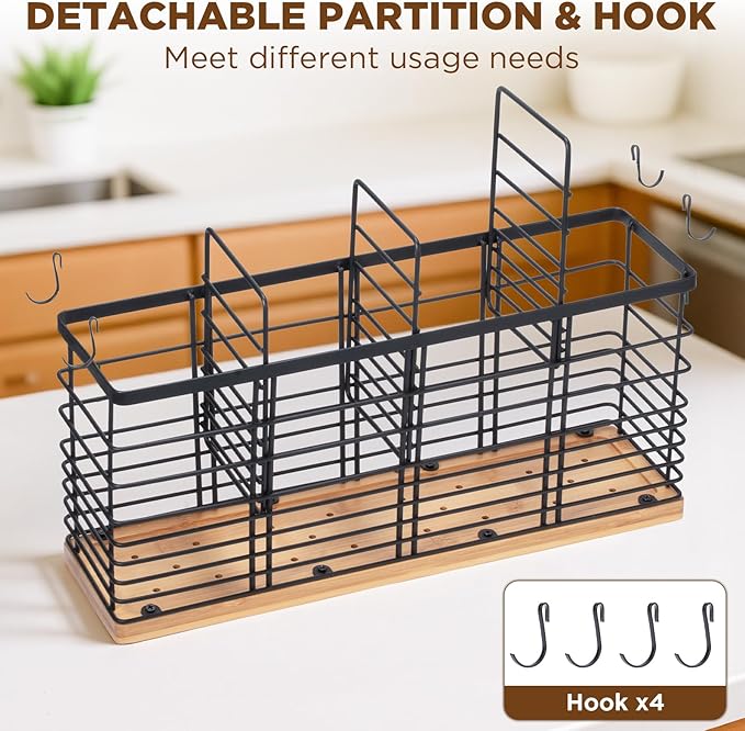 510 Ft³ Metal Extra Large Kitchen Utensil Holder with Wooden Base, 4 Compartments Organizer for Kitchen Countertop Matte Black Holder with 4 Hooks for Cooking Utensils & Tools Storage