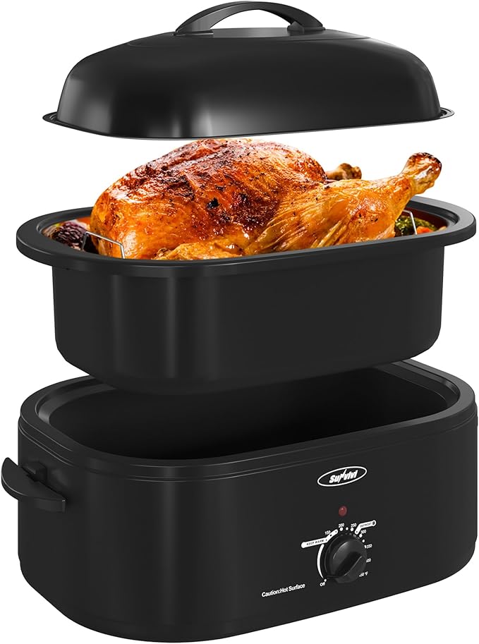 Sunvivi 20-Quart Roaster Oven with Self-Basting Lid, Electric Turkey Roaster Oven with Removable Pan and Rack, Stainless Steel, Black