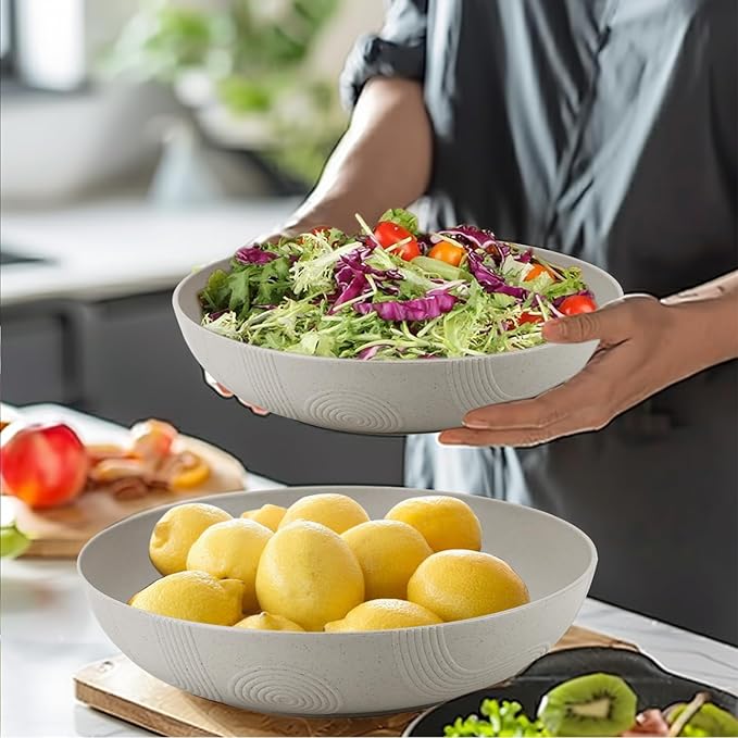 2 Pack Salad Bowls,10inch 65oz Large Salad Bowl Set,Plastic Bowl for Kitchen,wheat straw bowls Set for Soup,Cereal,Ramen,Fruit,Salad,Dishwasher & Microwave Safe,Easy Clean.Gray