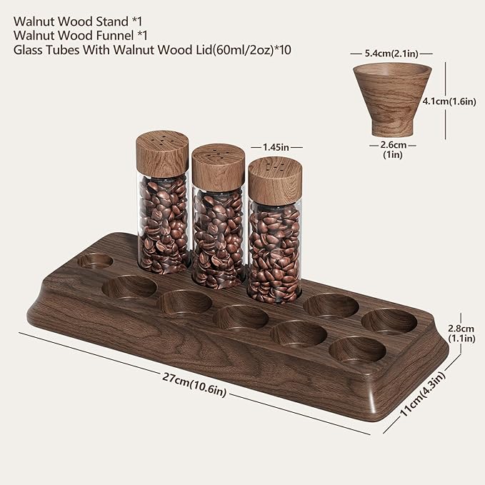 Single Dose Coffee Bean Storage Tubes Coffee Storage Container with One-Way Exhaust Valve,Coffee Bean Cellar 10 Pcs Dosing Glass Vials (2 Oz) Walnut Wood Stand Funnel And Lids
