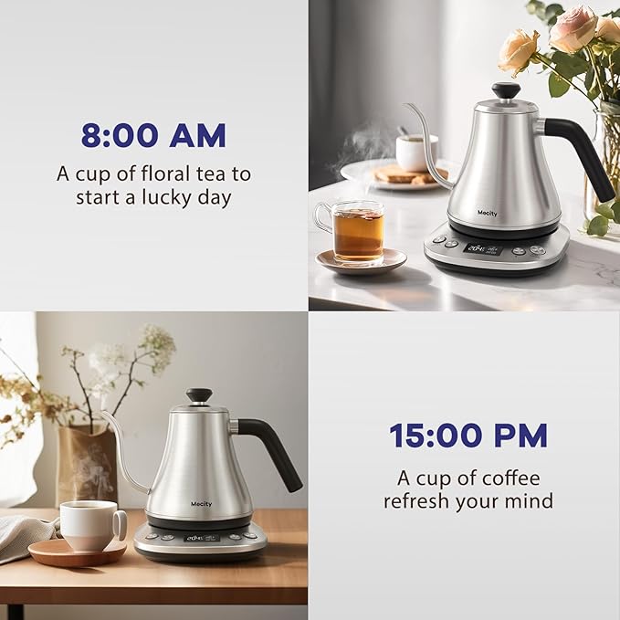 Mecity Electric Gooseneck Kettle With LCD Display Automatic Shut Off Retro Coffee Kettle Temperature Control Hot Water Boiler to Pour Over Tea, 1200 Watt Quick Heating Tea Pot, 0.8L, Stainless Steel
