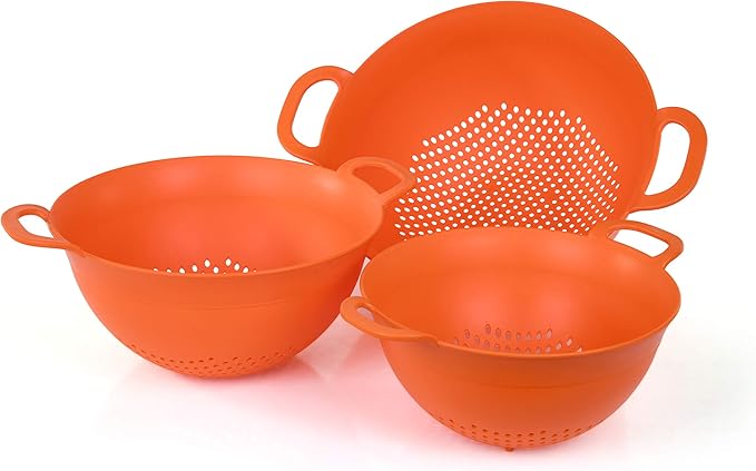 Mintra Home Plastic Strainer Colanders Set: 3, 3.5 and 5 Quart (Orange) Double Strong Handles and Deep Bowl, Safe BPA-Free - Use for Pasta, Noodles, Spaghetti, Vegetables (Assorted Sizes 3pk)