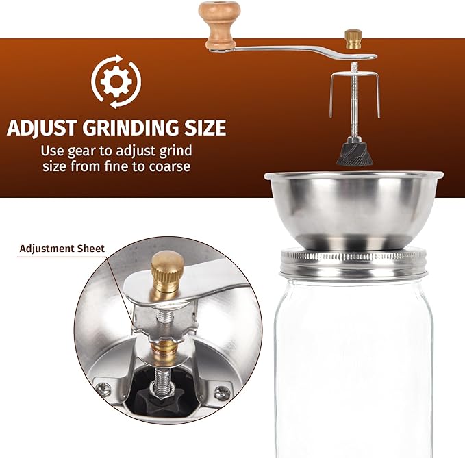 Manual Coffee Grinder Lid Attachment for Regular Mouth Mason Jars, Stainless Steel with Ceramic Burr, Ideal for Camping & Home Barista