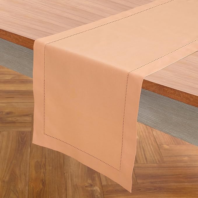 Solino Home Table Runner 120 Inches Long - Cotton Linen Hemstitch Peach Bloom Table Runner 14 x 120 Inch for Summer