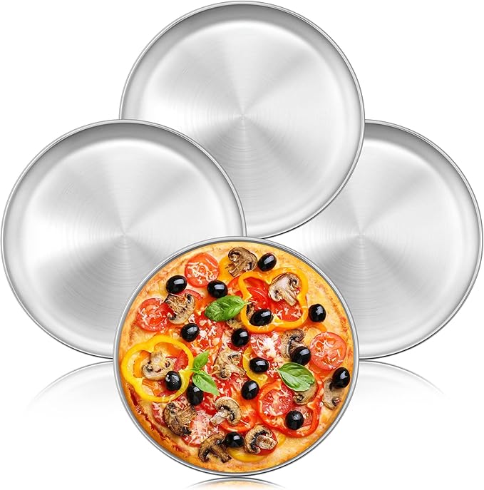 LIANYU 4 Pack Pizza Pan Set, 12 Inch Stainless Steel Pizza Serving Tray for Oven Baking, Nonstick Round Plate, Dishwasher Safe