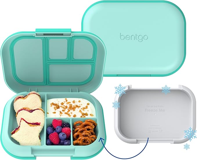 Bentgo Chill Kids Leak-Proof Lunch Box - 4-Compartment Bento Box with Built-In Ice Pack, 3.3 Cup Capacity, PFAS & BPA-Free, Microwave & Dishwasher Safe, Ideal Size for Ages 3 to 7 (Aqua)