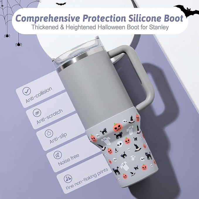 Halloween Boot for Stanley, Silicone Protector Sleeve for Stanley Quencher H2.0 FlowState Tumbler 40oz / Stanley Adventure Quencher Tumbler 40oz Cup Accessories (Gray)