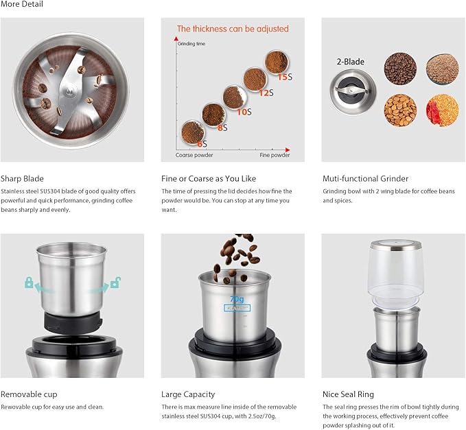 DR MILLS DM-7412N Coffee Grinder Electric, Spice Grinder electric, detachable cup, Blade & cup made with SUS304 stianlees steel,200w small food grinder