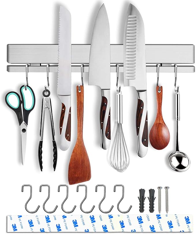12 Inch Magnetic Knife Holder for Wall with 6 Hooks No Drill-Double Magnetic Bar Strong Adhesive Knife Magnetic Strip-Kitchen Utensil Hanger-304 Stainless Steel Magnetic Kitchen Knife Rack