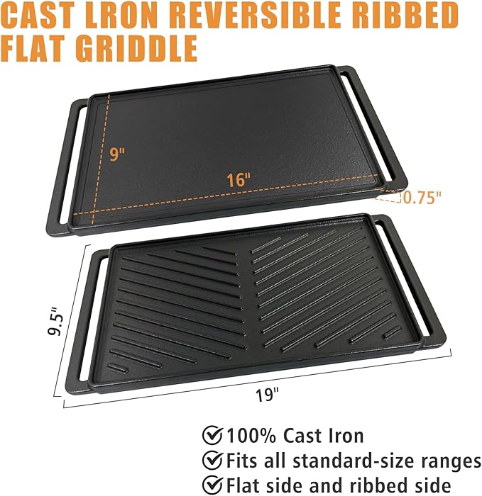 SafBbcue Reversible Cast Iron Grill Griddle Plate for Most Gas Grill Wood Pellet 19" x 9.5", Replace for CCP-2000 Ribbed Grill & Smooth Flat Top Griddle, Heavy Duty Cast Iron, Outdoor Indoor