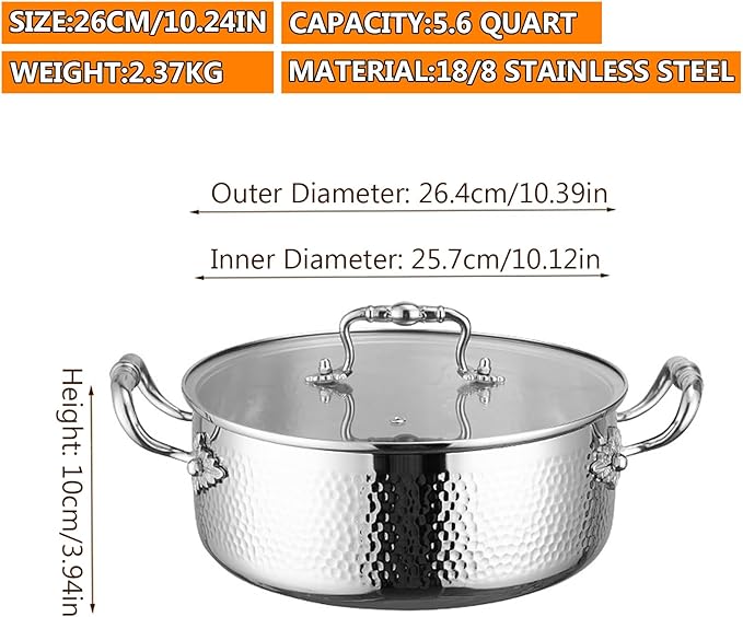Stainless Steel Stock Pot with Visible Lid for Pasta, Soup, Spaghetti, Nonstick Thick Bottom Stockpot, Induction Pasta Pot Compatible with All Cooktops, Dishwasher Safe,5.6QT