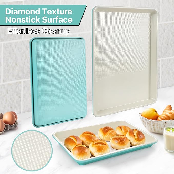 3-Pack Blue Ceramic-Coating Baking Sheet Pans, PFOA/PFOS/PTFE-Free Nonstick Cookie Sheet Trays, 0.8mm Thick Heavy Duty, with Diamond Texture, Replacement Toaster Oven Tray for Everyday Baking