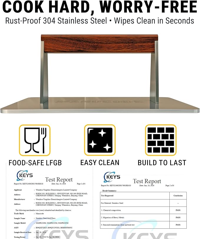 Stainless Steel Bacon Press - 3.2 LB Heavy Cooking Weight, Ideal for Flat Top Grill - Griddle Accessories for Searing Smash Burger, Steak, Sandwich - 9.25 x 5.7 Inches, Flat Bottom, Rectangle