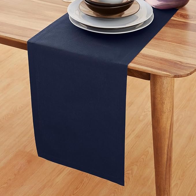 Solino Home Navy Table Runner 72 Inches Long - Dru Cotton Linen Dining Table Runner 14 x 72 Inch for Summer - Handcrafted and Machine Washable