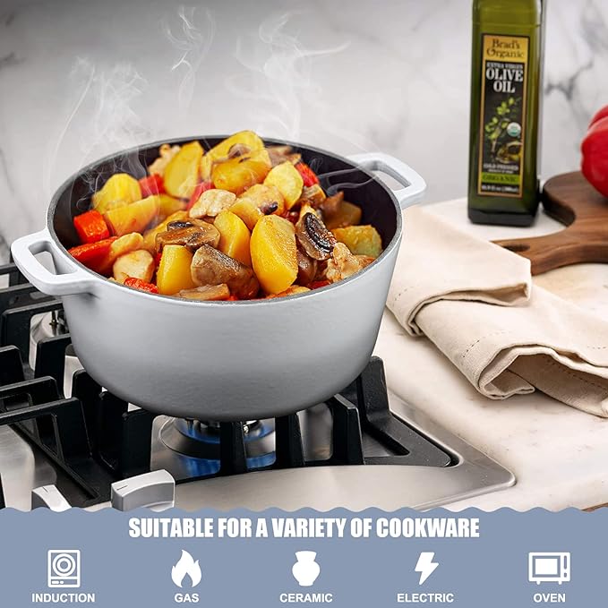 5Qt Dutch Oven, 2-In-1 Enamel Cast Iron Dutch Oven Pot with Skillet Lid, Heavy Duty Oven Safe Cookware for Sourdough Bread Baking Braising, Roasting Stewing Frying Simmering, Multi Stoves, Easy Clean (Gradient Grey)