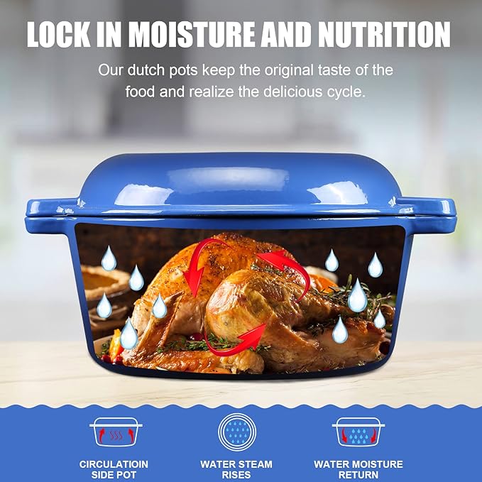 5Qt Dutch Oven, 2-In-1 Enamel Cast Iron Dutch Oven Pot with Skillet Lid, Heavy Duty Oven Safe Cookware for Sourdough Bread Baking Braising, Roasting Stewing Frying Simmering, Multi Stoves, Easy Clean (Gradient Blue)