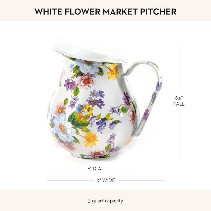 MACKENZIE-CHILDS Enamel Pitcher with Spout for Water, Cut Flowers, and Home Decor, 3 Quarts, White Flower Market