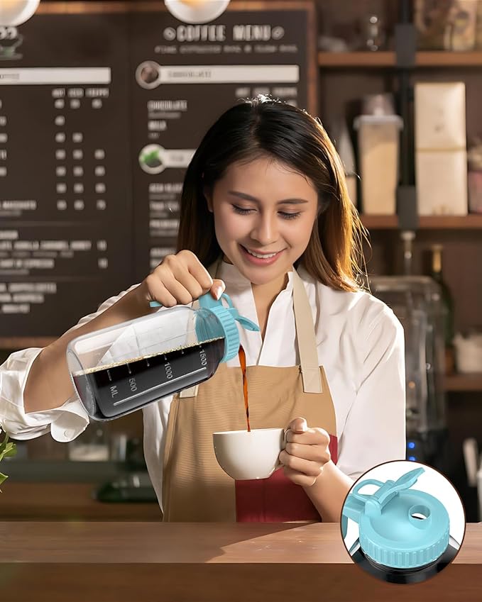 Cold Brew Coffee Maker Jar - 2 Pack 64 oz(2 Quart / 1.9 Liter)Glass Cold Brew Maker with Handle, Stainless Steel Filter&Leak-Proof Lid, Heavy Duty Cold Brew Pitcher for Iced Coffee, Sun Tea, and Milk