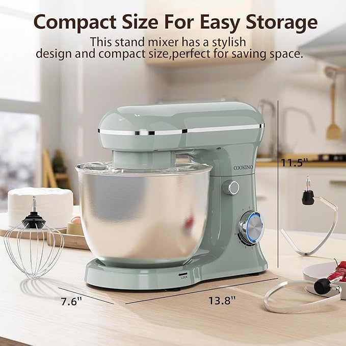 Electric Stand Mixer,10 Speeds Tilt-Head Food Mixer, 3-IN-1 Kitchen Mixer for Daily Cooks with Dishwasher-Safe 6QT Bowl,Dough Hook, Beater, Whisk (Morandi Green)