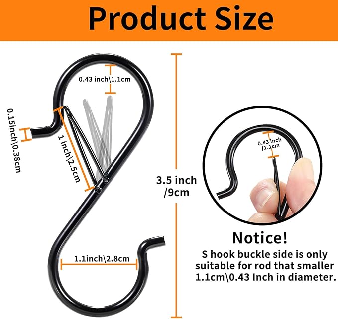 12 PCS S Hooks for Hanging with Safety Buckle, 3.5 inch Heavy Duty Metal S Shaped Hooks for Kitchen Utensil, Cups, Pots, Plants, Bags, Hats (Black)