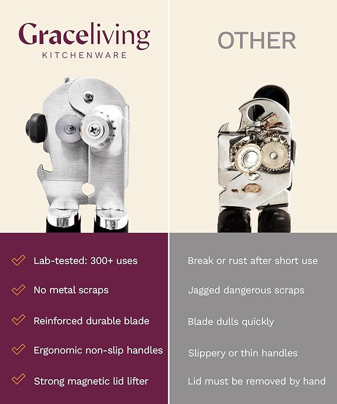 Premium Multifunctional Magnetic Manual Can Opener and Bottle Opener, Heavy Duty Stainless Steel Sharp Cutting Blade and Oversized Easy Turn Knob, Soft-Touch Handle, Kitchen Use, Black