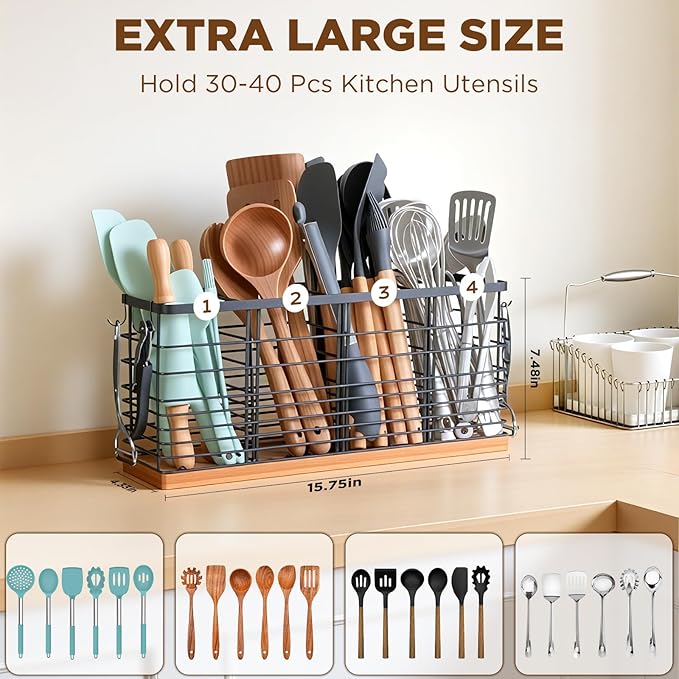 510 Ft³ Metal Extra Large Kitchen Utensil Holder with Wooden Base, 4 Compartments Organizer for Kitchen Countertop Matte Black Holder with 4 Hooks for Cooking Utensils & Tools Storage