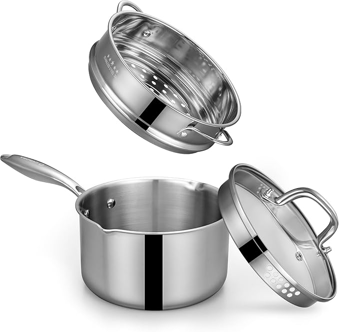 Tri-Ply Stainless Steel Sauce Pan with Steamer Basket & Straining Glass Lid— 2-in-1 Multi-Function Pot for Steaming, Boiling & Simmering — Healthy, Durable, Rust-Resistant, Professional-Grade Cookware
