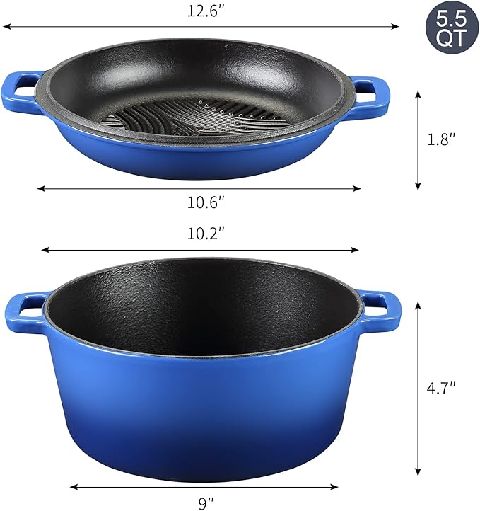 5Qt Dutch Oven, 2-In-1 Enamel Cast Iron Dutch Oven Pot with Skillet Lid, Heavy Duty Oven Safe Cookware for Sourdough Bread Baking Braising, Roasting Stewing Frying Simmering, Multi Stoves, Easy Clean (Gradient Blue)