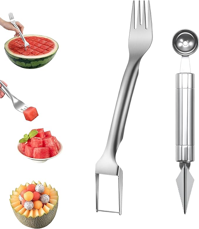 Watermelon Fork Slicer Cutter 2 in 1 & Melon Baller Scoop Set - Stainless Steel Fruits Cutter Kit, Fruit Carving Tools Watermelon Cube Cutter Slicer Tool for DIY Fruit Salads Melons Kitchen Gadget (2)