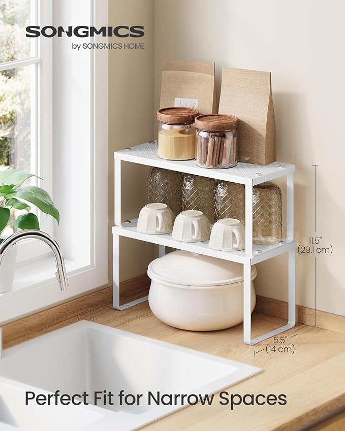 SONGMICS Spice Racks, Set of 2 Metal Cabinet Shelf Organizers, Countertop Organizers, Shelf Risers, Stackable, Expandable, White UKCS003W01