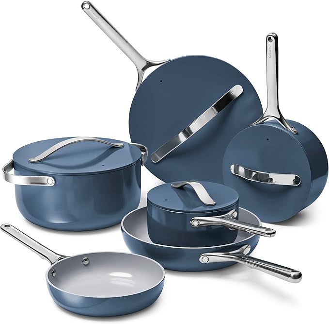 Caraway Deluxe Nonstick Ceramic Cookware Set (16 Piece) Pots, Frying Pans, Lids and Kitchen Storage - PFAS & PFOA Free - Oven Safe Ceramic Pan Set & Compatible with All Stovetops - Navy