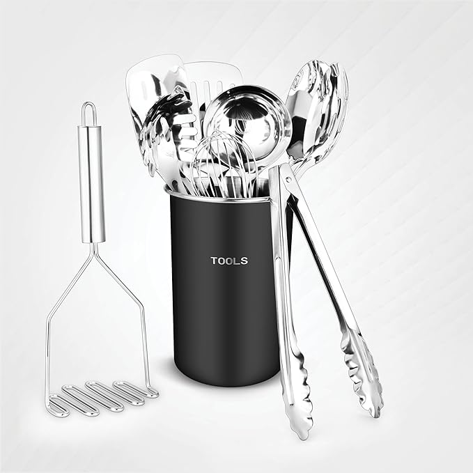 Avador® Premium Set of 10 Stainless Steel (BLACK HOLDER) Kitchen Tool Set with Holder Easy To Clean, Space Saving, Great for Cooking, Baking, Prepping (BLACK)