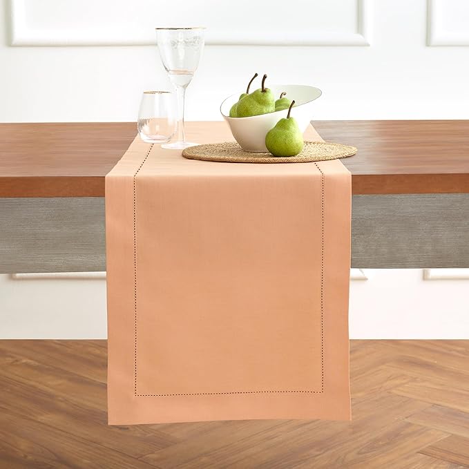 Solino Home Table Runner 120 Inches Long - Cotton Linen Hemstitch Peach Bloom Table Runner 14 x 120 Inch for Summer