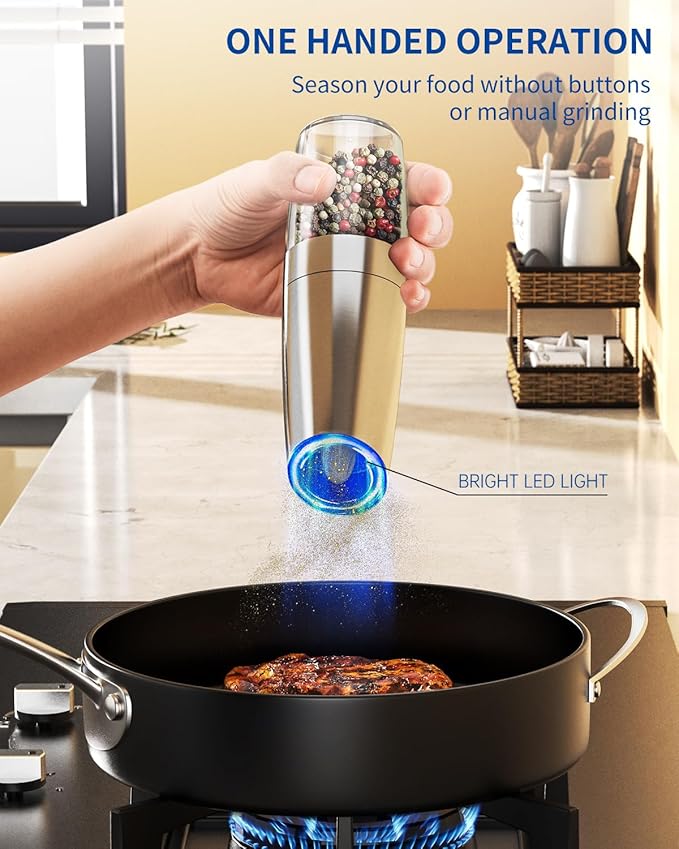 CIRCLE JOY Stainless Steel Graviry Electric Pepper Grinder Automatic Salt Grinder Pepper Griner Mill Electric, Battery Operated, LED Light, Adjustable Coarseness, for Home Kitchen BBQ, Silver