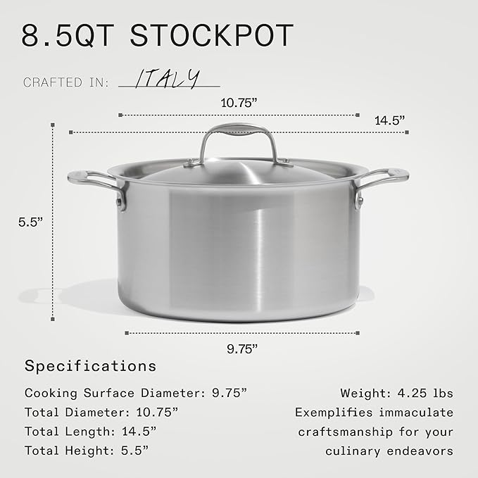 Made In Cookware - 8 QT Ceramic Non Stick Stock Pot with Lid - 5-Ply Stainless Clad with Stay-Cool Handle - Professional Cookware - Crafted in Italy - Induction Compatible