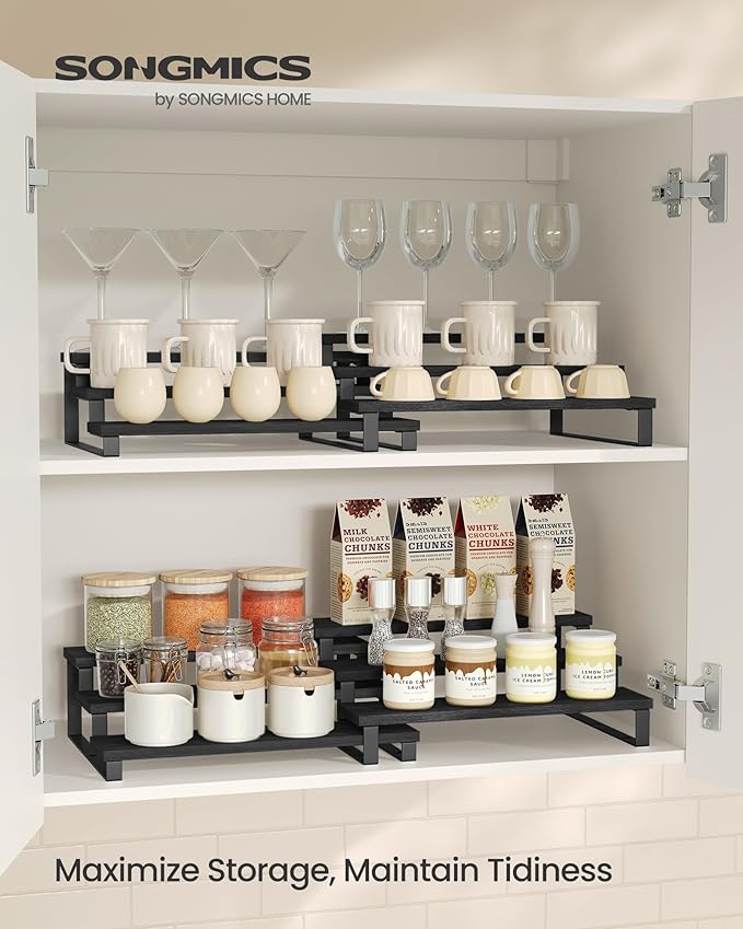 SONGMICS Display Risers, Set of 2 Engineered Wood Perfume Organizer Stand, 3-Tier Cupcake Stand Holder, Spice Rack, Shelf Risers for Figures, Dessert Shelves, Ebony Black and Ink Black UKCS116B01