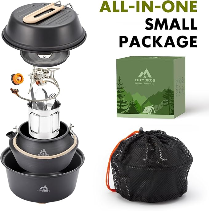 17pcs Camping Cookware Kit, 0.45Gal Pot, 7inches Pan,0.30Gal Kettle Set with 2 Set Stainless Steel Cups Plates Forks Knives Spoons for Hiking