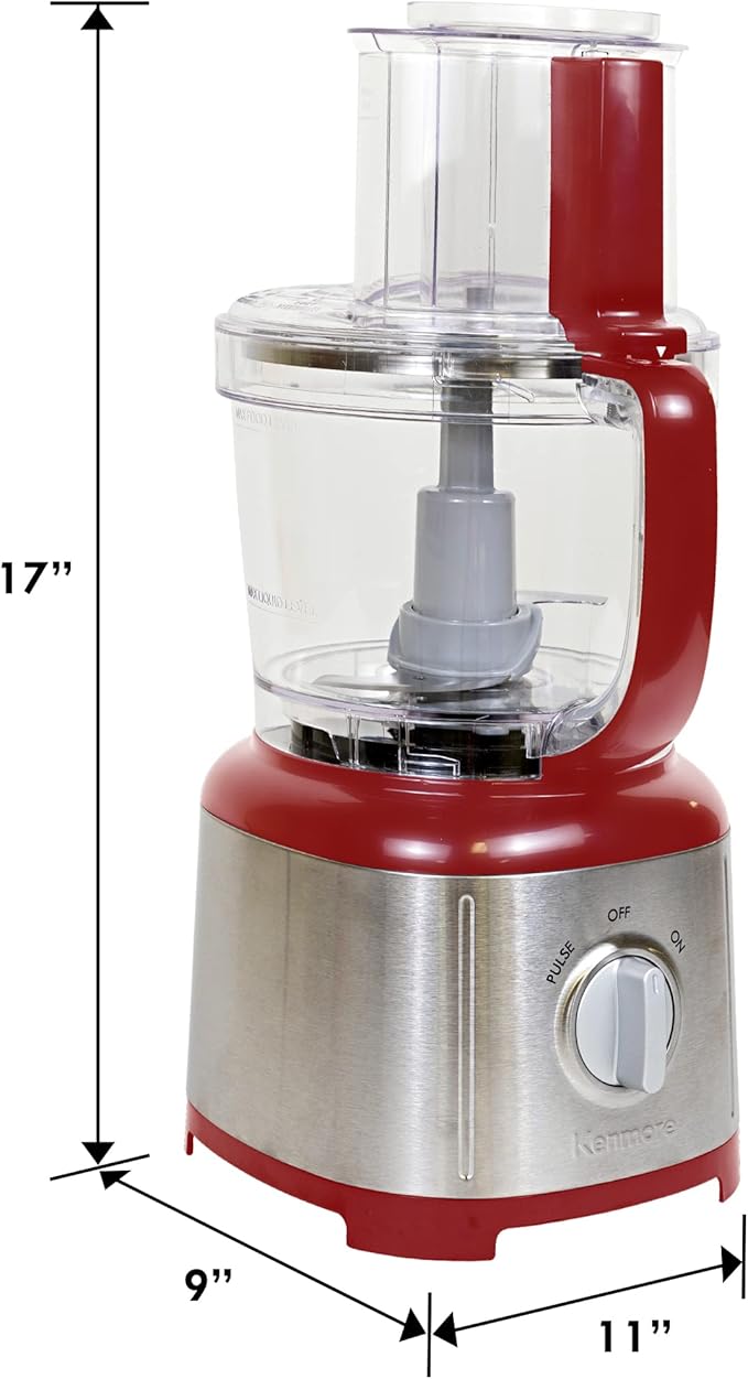 Kenmore 11 Cup Food Processor - Vegetable & Fruit Salad Cutter, Multifunctional, Chopper, Clicer, Mincer, Puree, Grater, Blades, Shredder, Compact Stainless Steel Kitchen Appliances, 500 W Red