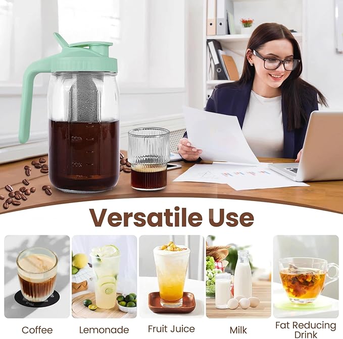Cold Brew Coffee Maker,32 oz Mason Jar Pitcher with Stainless Steel Filter, Pour Spout Handle Lid, Heavy Duty Glass Airtight & Leak-Proof Pitcher for iced coffee Tea Breastmilk Lemonade-Green
