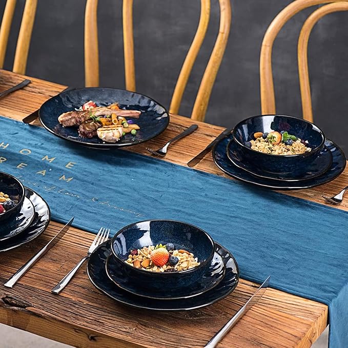 vicrays Ceramic Dessert Salad Plates, 8 Inch, Set of 4, Round, Microwave, Oven, and Dishwasher Safe, Scratch Resistant, Porcelain Fluted Suitable for Snacks, Appetizer, Home, Restaurant (Blue)
