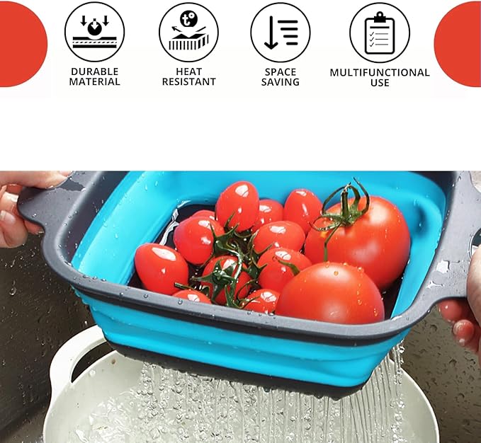 2 PCS Collapsible Colander, Collapsible Strainers for Kitchen, 11.5 inch Silicone Strainer and 9.5 inch Silicone Colander for Draining Vegetable fruit, Kitchen Food Strainer, Blue