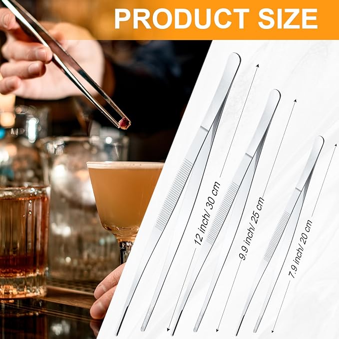 Yaomiao 4 Packs 12 Inch Bar Tweezers Silver Long Garnish Tongs Stainless Steel Kitchen Cooking Tongs Tweezers for Food Cocktail Korean BBQ Bartender Chef, Multi-use