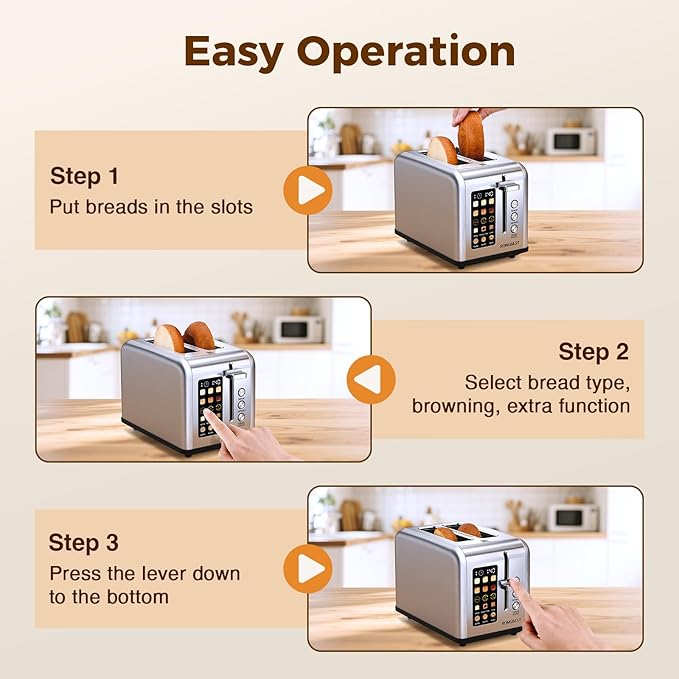 2 Slice Touch Screen Toaster, Stainless Steel Toaster with Wide Slots for Bagels and Bread, Reheat/Defrost/Cancel Functions, Removable Crumb Tray, Silver